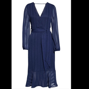 NSR Navy Blue Textured Long Sleeve Faux Wrap Midi Dress With Tie Belt size large